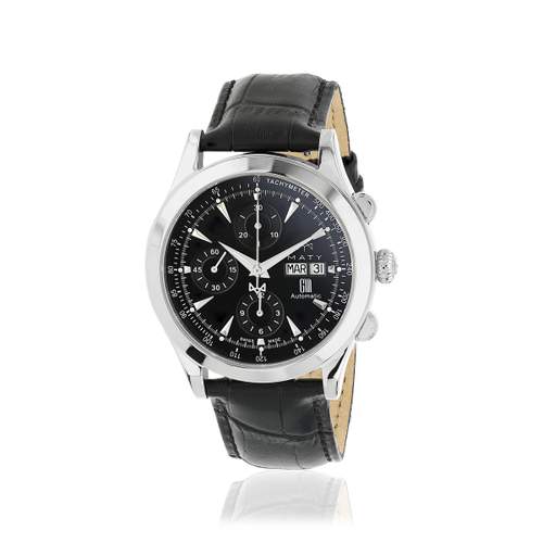MATY GM automatic chronograph watch black dial black leather strap