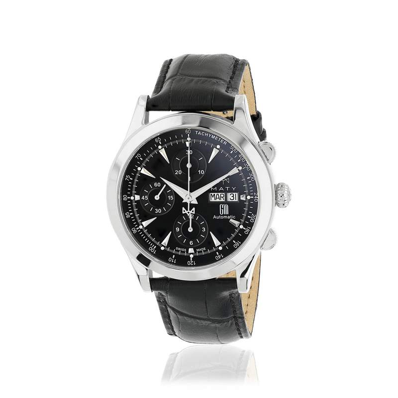 Montre MATY GM automatique chronographe cadran noir bracelet cuir noir - vue 1