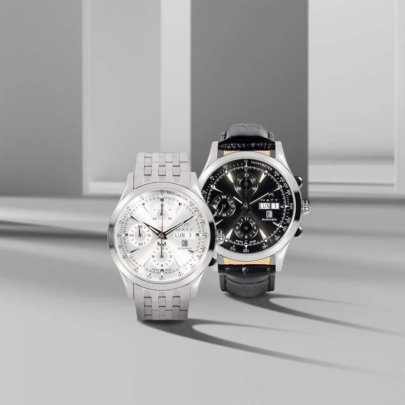 Montre MATY GM automatique chronographe cadran noir bracelet cuir noir - vue D3