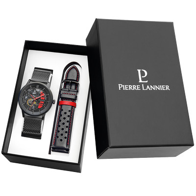 Coffret Montre PIERRE LANNIER paddock homme automatique bracelet acier milanais noir et bracelet cuir noir - vue 1
