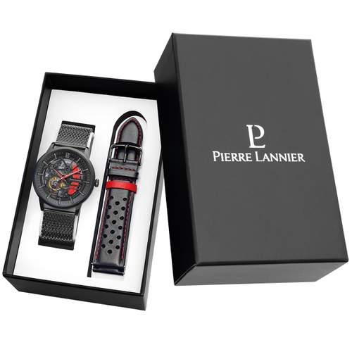 Coffret Montre PIERRE LANNIER paddock homme automatique bracelet acier milanais noir et bracelet cuir noir