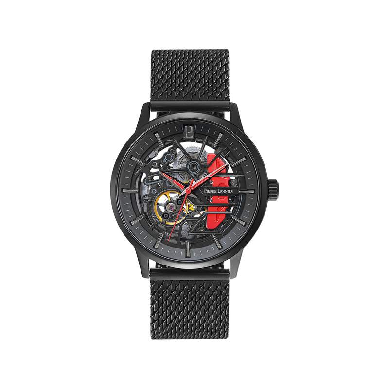Coffret Montre PIERRE LANNIER paddock homme automatique bracelet acier milanais noir et bracelet cuir noir - vue D1