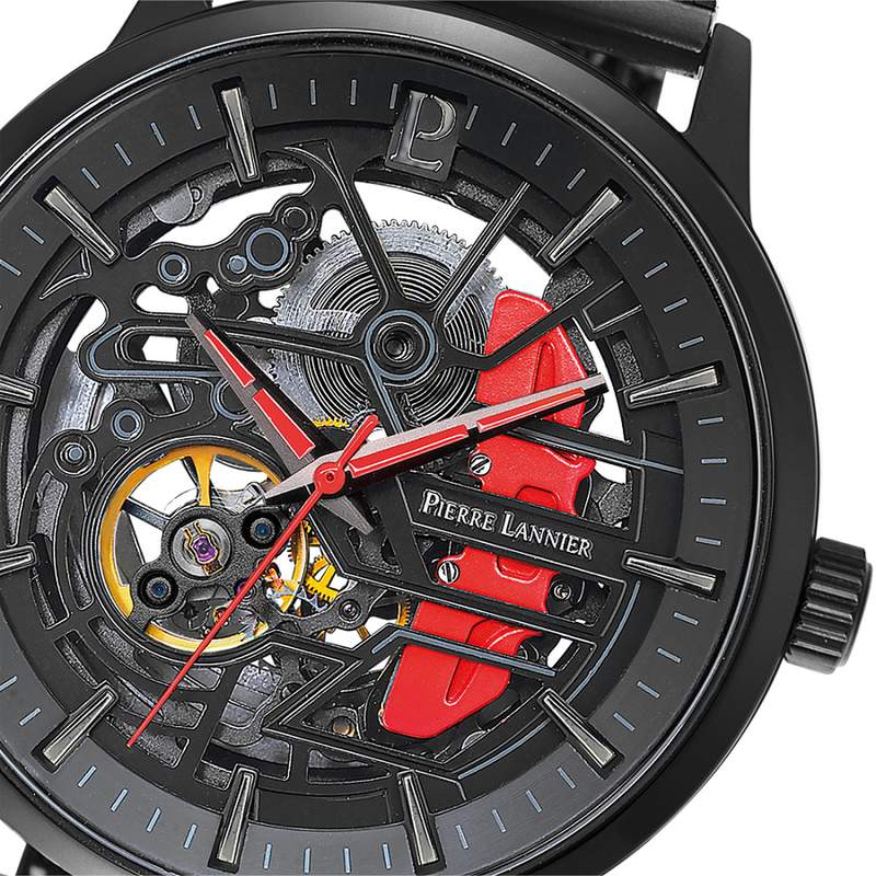 Coffret Montre PIERRE LANNIER paddock homme automatique bracelet acier milanais noir et bracelet cuir noir - vue D2