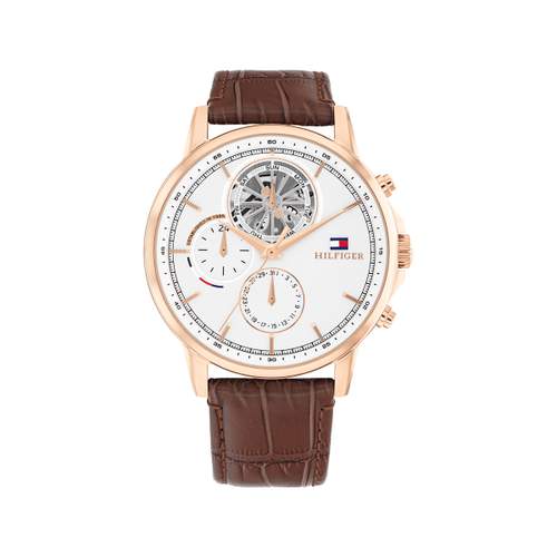 TOMMY HILFIGER men's stainless steel watch with brown leather strap