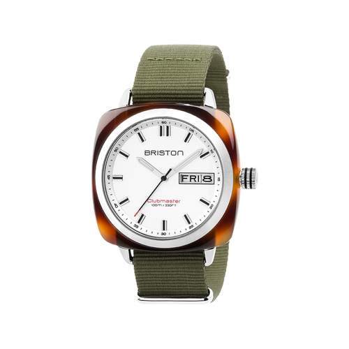 BRISTON clubmaster sport hms men's watch khaki green fabric strap