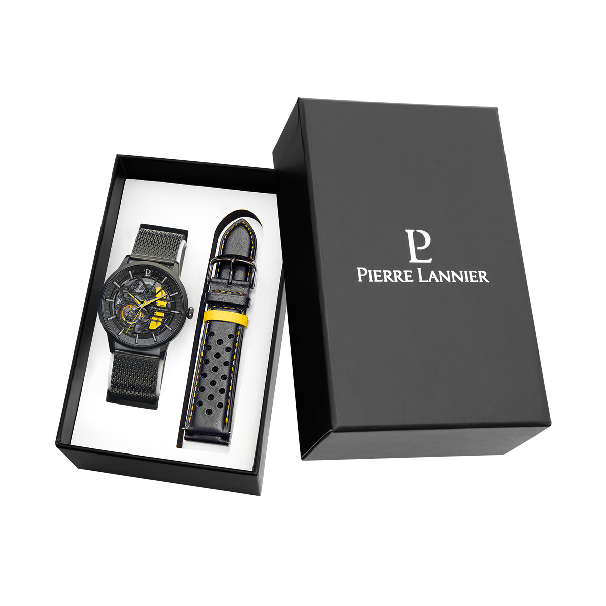 Coffret Montre PIERRE LANNIER Paddock homme automatique bracelet acier milanais noir et bracelet cuir noir