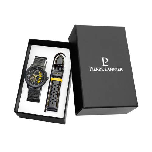 Set PIERRE LANNIER Paddock automatic men's watch with black Milanese steel bracelet and black leather strap