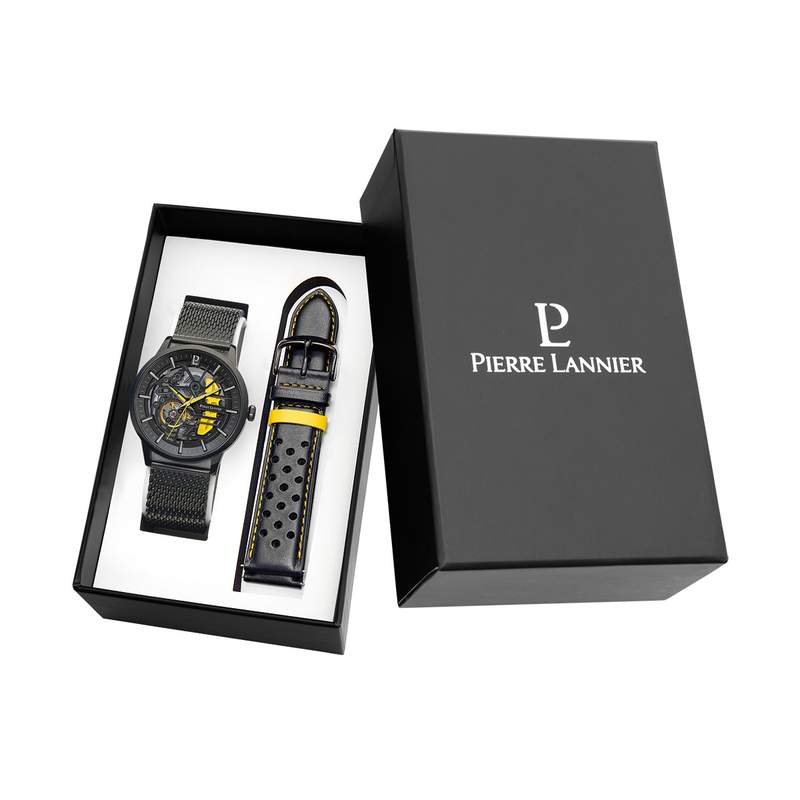Coffret Montre PIERRE LANNIER Paddock homme automatique bracelet acier milanais noir et bracelet cuir noir - vue 1
