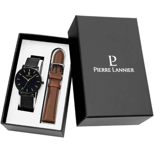 PIERRE LANNIER Essential herenhorloge in doos van zwart staal met bruine leren band