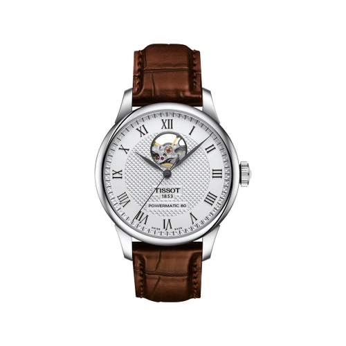 Montre TISSOT LE LOCLE POWERMATIC 80 OPEN HEART homme automatique cadran gris bracelet synthétique embossé façon alligator brun