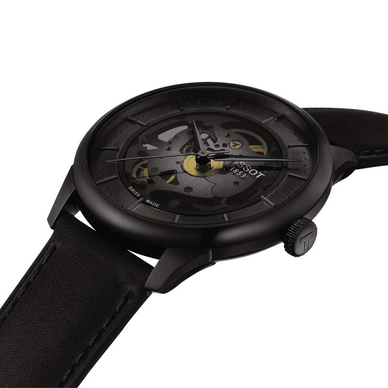Montre TISSOT Chemin des tourelles squelette, homme, automatique, bracelet cuir noir - vue D1