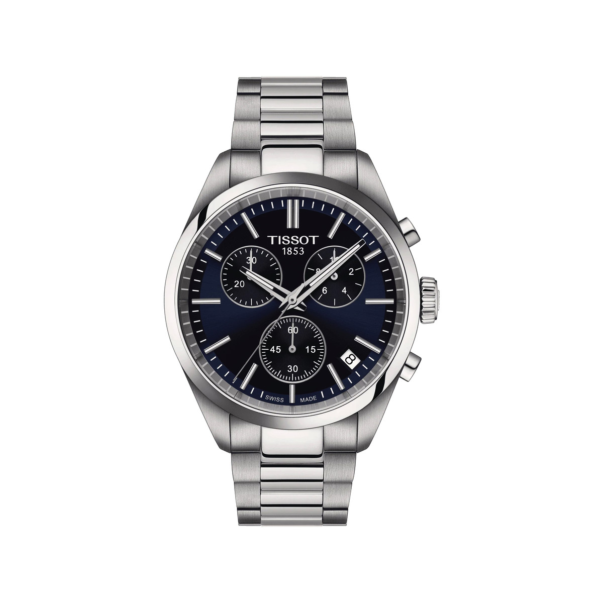 TISSOT T-CLASSIC PR100 herenhorloge met blauwe wijzerplaat en roestvrijstalen armband