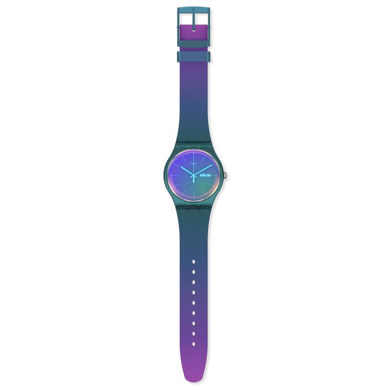 Montre SWATCH New gent Fade to pink biosourced homme bracelet silicone bleu - vue D1
