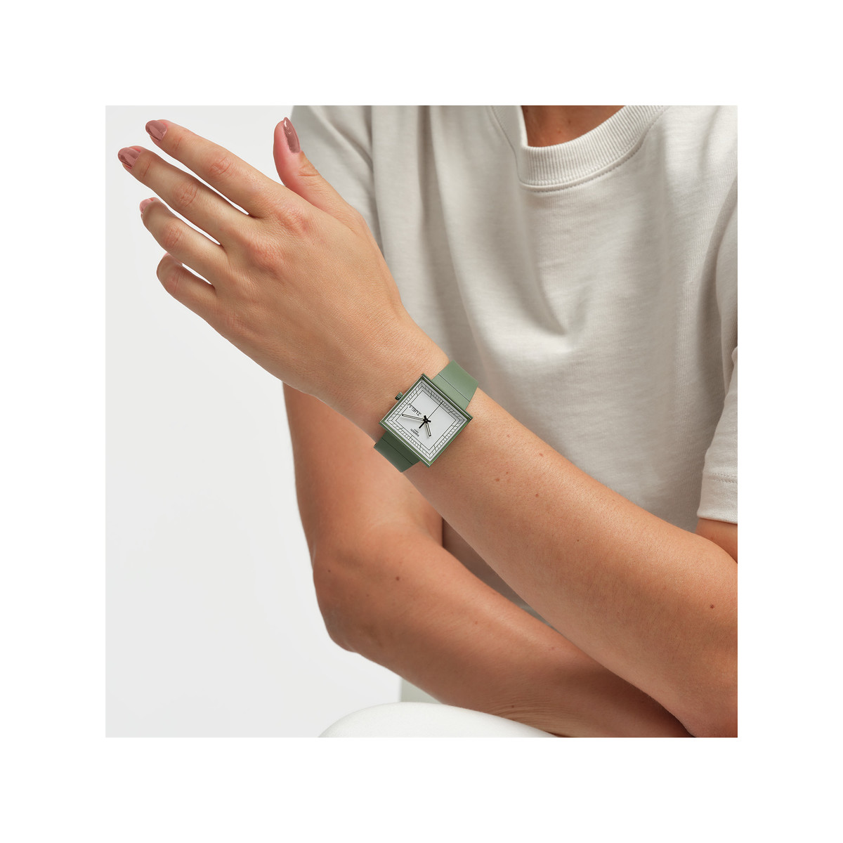 SWATCH Square bioceramic What if green? men's watch with green bio-based material strap - worn view 4