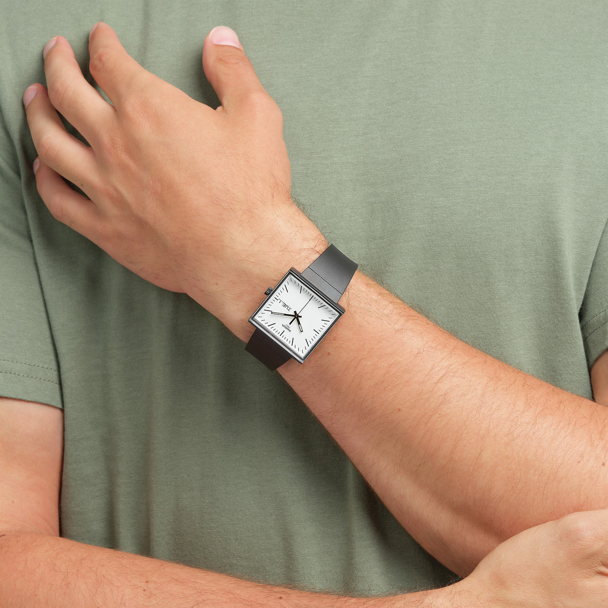 SWATCH Square bioceramic What if black? men's watch bracelet black biosourced material - view worn 3