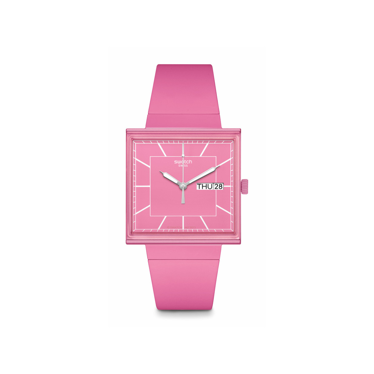 Montre SWATCH Square bioceramic What if rose? homme bracelet matériau biosourcé rose