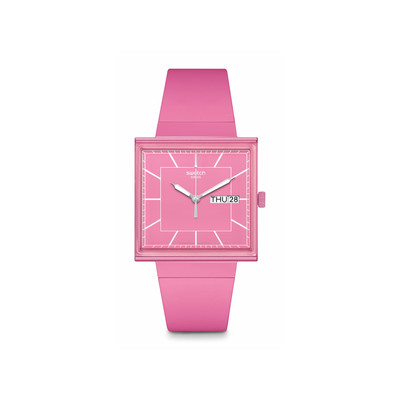 Montre SWATCH Square bioceramic What if rose? homme bracelet matériau biosourcé rose