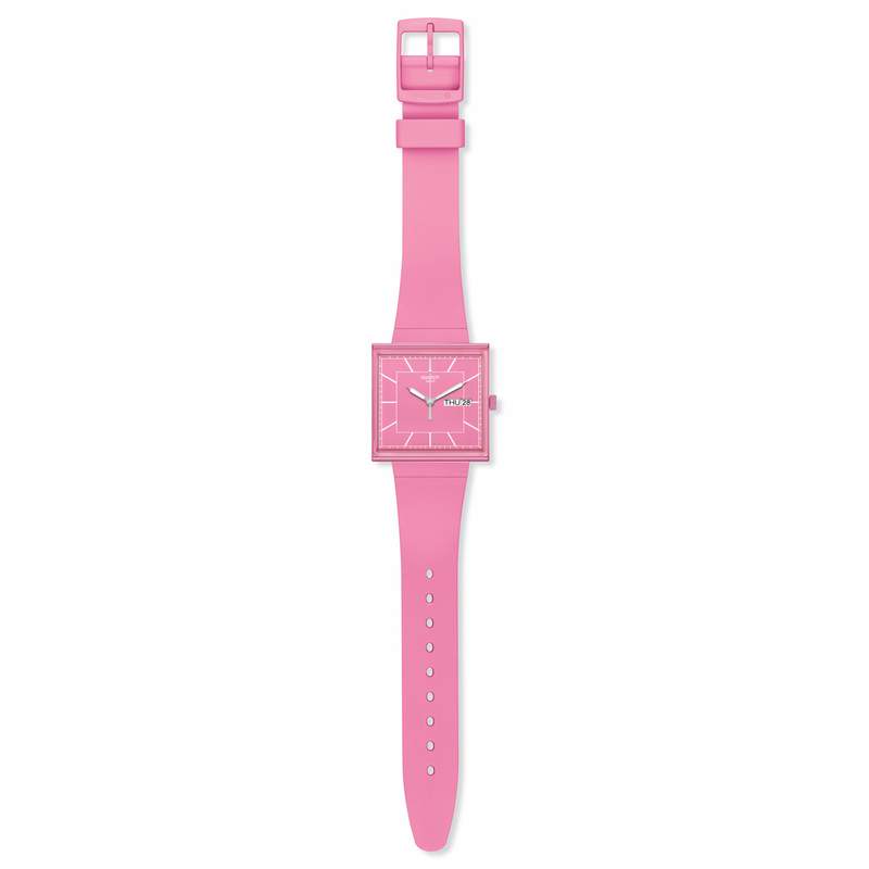 Montre SWATCH Square bioceramic What if rose? homme bracelet matériau biosourcé rose - vue D1