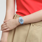 SWATCH Gent bioceramic Frozen waterfall men's watch blue silicone strap - view worn 3