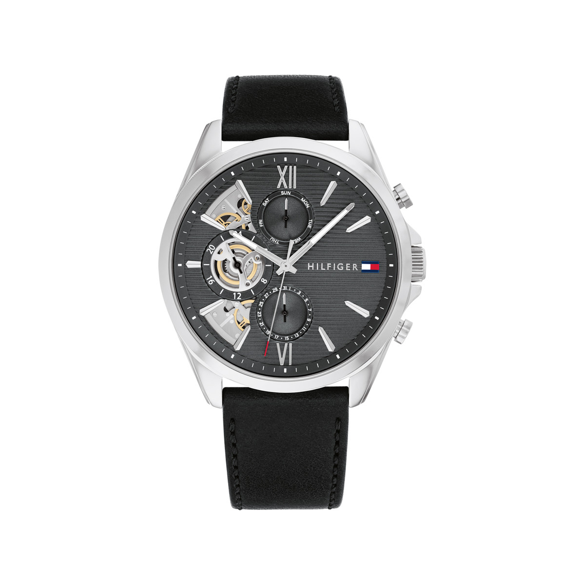 Montre TOMMY HILFIGER baker homme analogique, bracelet cuir noir