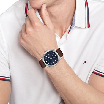 Montre TOMMY HILFIGER bruce homme analogique, bracelet cuir marron