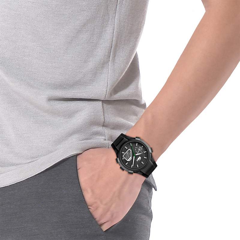 LACOSTE l33-x men's watch black silicone bracelet - view worn 1