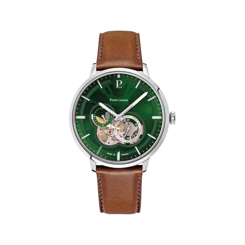 Montre PIERRE LANNIER trio homme automatique, bracelet cuir brun - vue 1