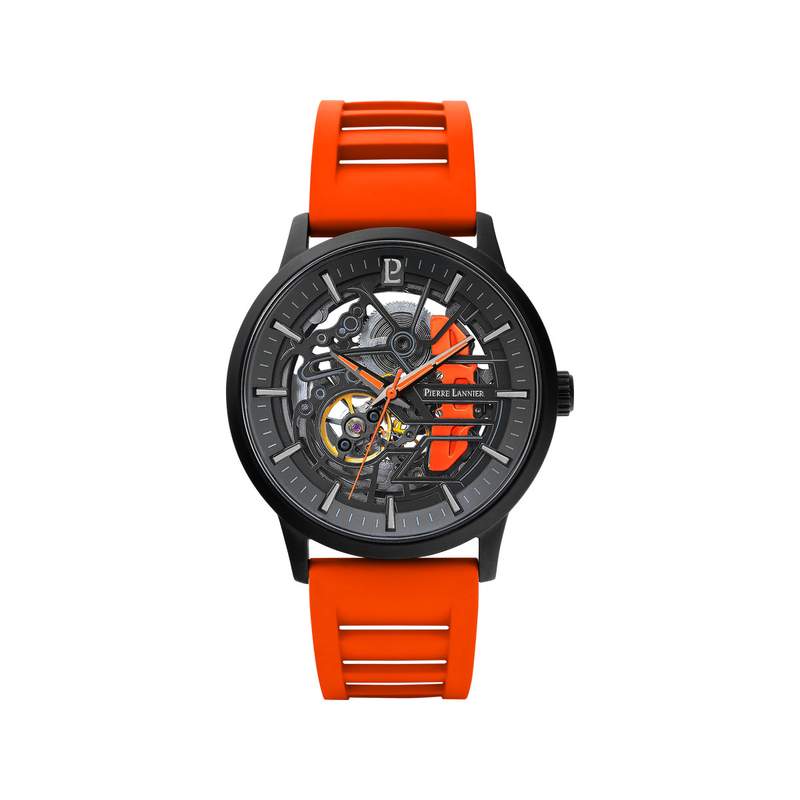 Montre PIERRE LANNIER paddock homme automatique, bracelet caoutchouc orange - vue 1