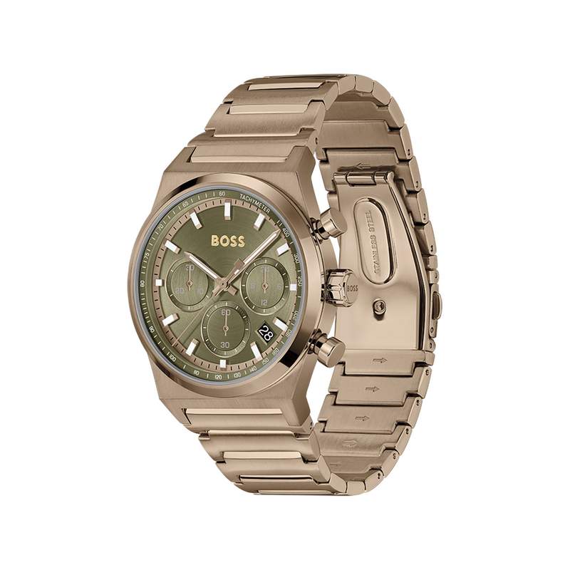 Montre BOSS Candor Chrono homme cadran vert bracelet acier beige - vue 2