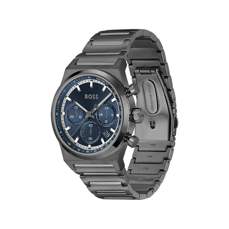 Montre BOSS Candor Chrono homme cadran bleu bracelet acier gris - vue 2