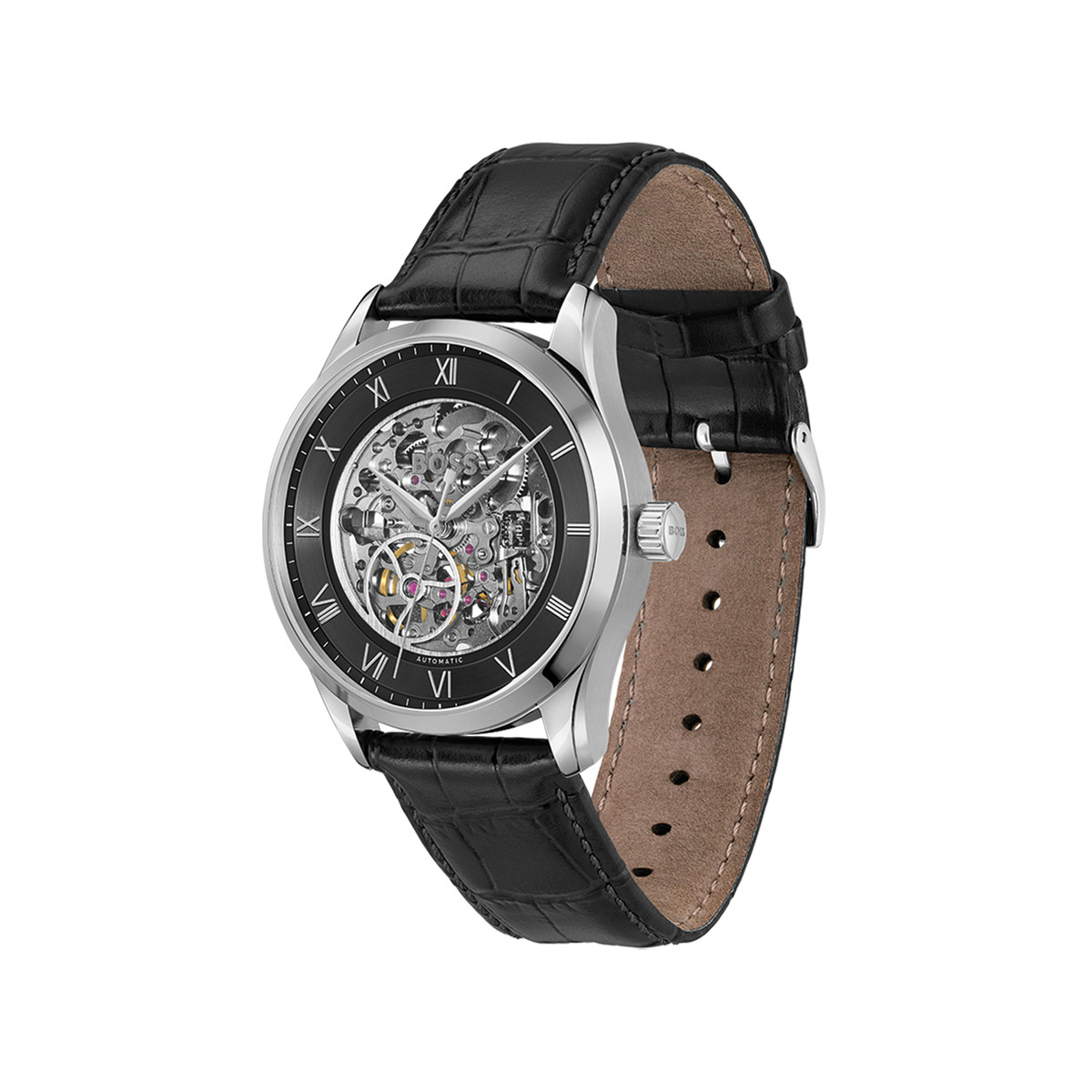 Montre BOSS Skeleton homme noir bracelet cuir - vue 2