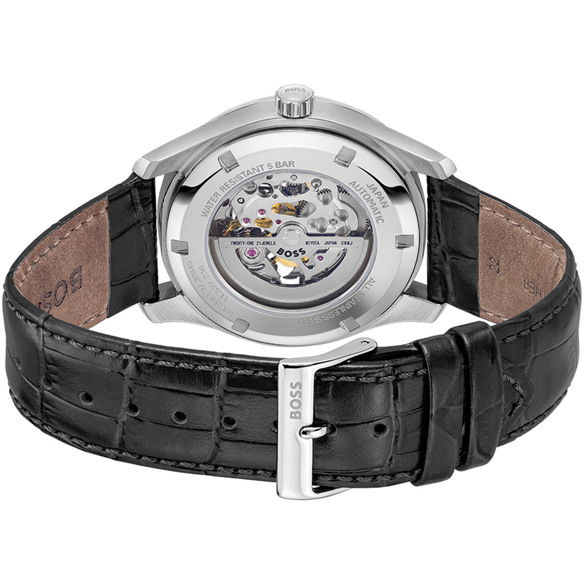 Montre BOSS Skeleton homme noir bracelet cuir - vue 3