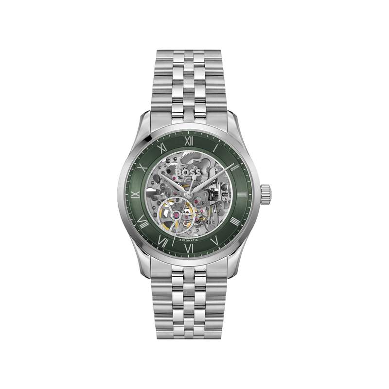 BOSS Principle Skeleton herenhorloge met groene wijzerplaat en stalen band - afbeelding 1