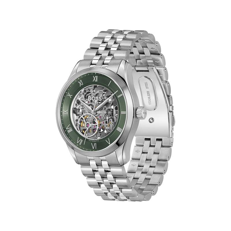 BOSS Principle Skeleton herenhorloge met groene wijzerplaat en stalen armband - bekijk 2