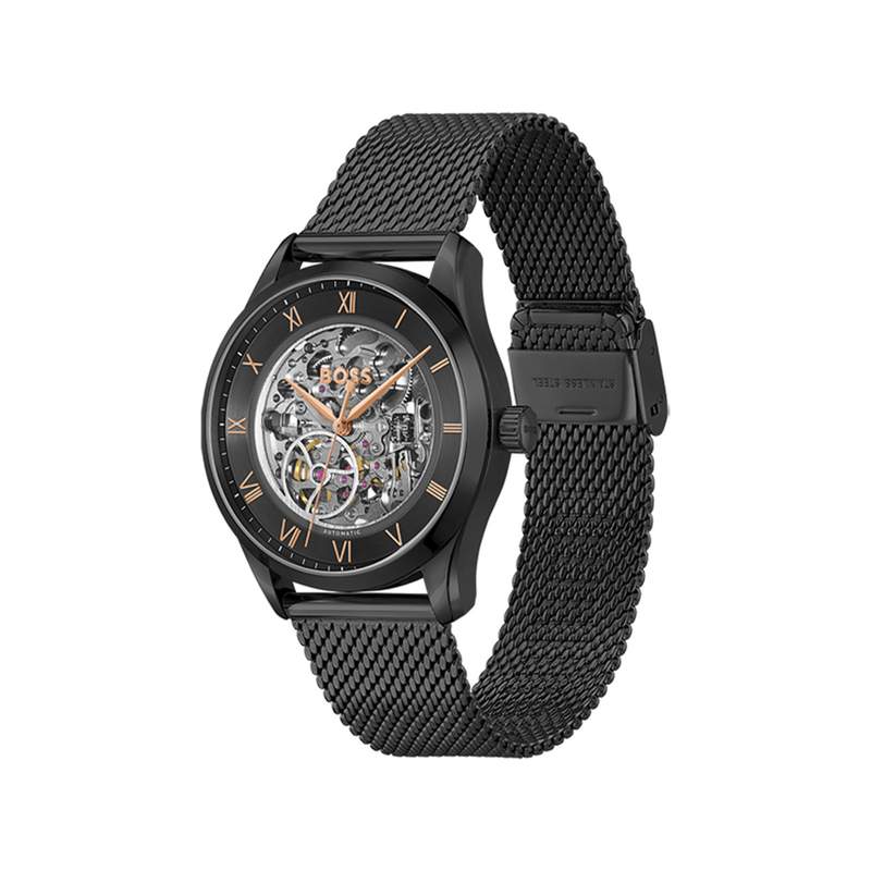 Montre BOSS Principle Skeleton homme noir bracelet milanais - vue 2