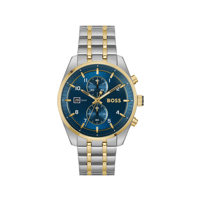 BOSS Skytraveller men's watch blue dial gold and grey steel bracelet