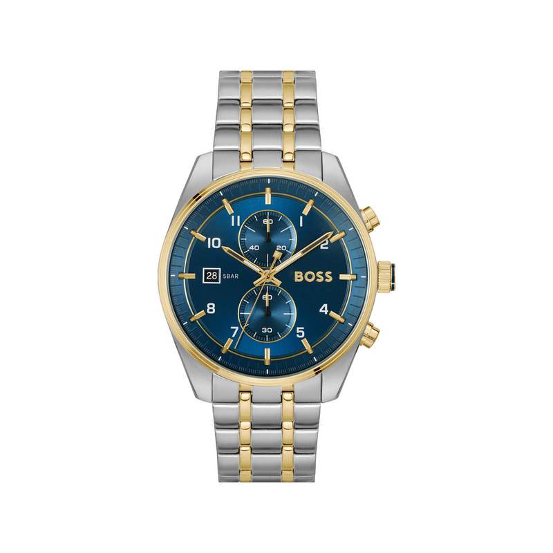 Montre BOSS Skytraveller homme cadran bleu bracelet acier doré et gris - vue 1