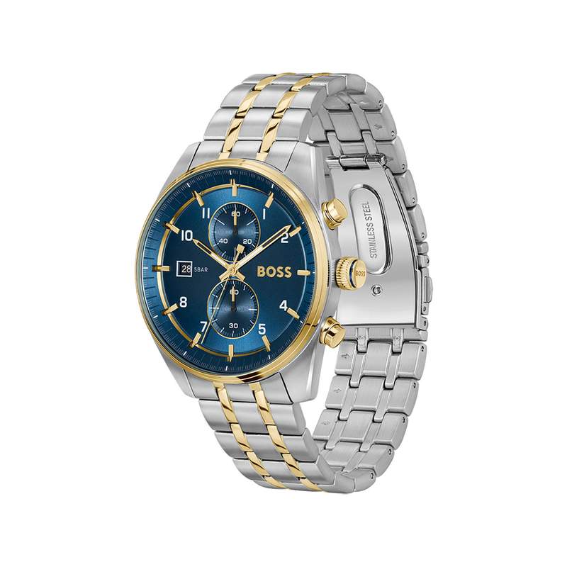 Montre BOSS Skytraveller homme cadran bleu bracelet acier doré et gris - vue 2