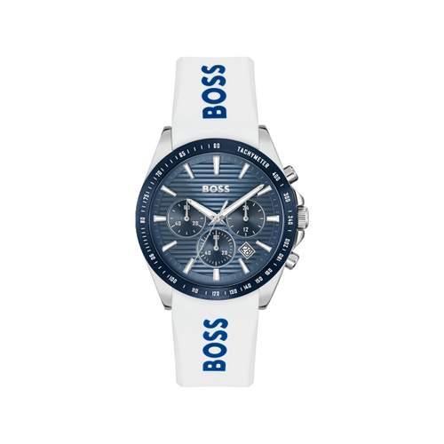 BOSS Strike Chrono herenhorloge blauwe wijzerplaat witte siliconen band