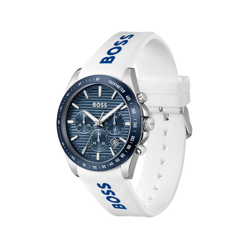 Montre BOSS Strike Chrono homme cadran bleu bracelet silicone blanc - vue 2