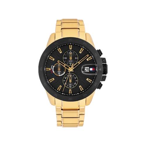 TOMMY HILFIGER herenhorloge zwarte wijzerplaat stalen armband geelgoud