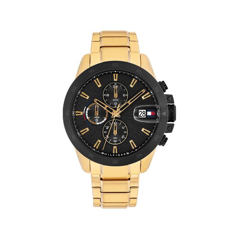 Montre TOMMY HILFIGER homme cadran noir bracelet acier doré jaune - vue 1