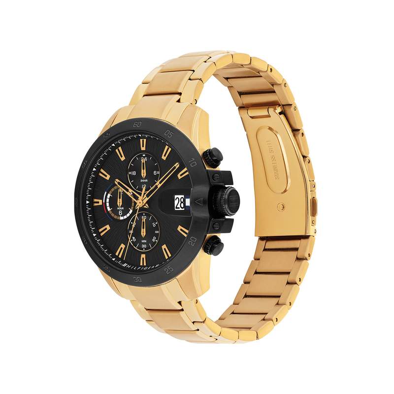 Montre TOMMY HILFIGER homme cadran noir bracelet acier doré jaune - vue 2
