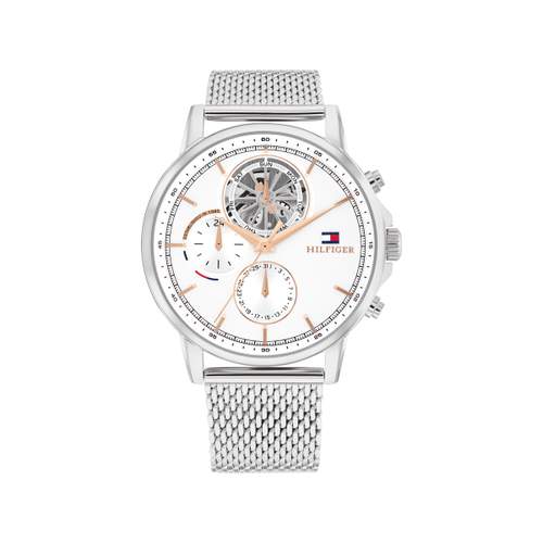 TOMMY HILFIGER Stewart herenhorloge met witte wijzerplaat en Milanese stalen armband