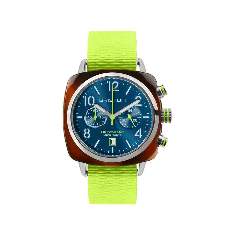 BRISTON herenhorloge CLUBMASTER CLASSIC SUMMER VIBES met blauwe wijzerplaat en gele nylon band - afbeelding 1
