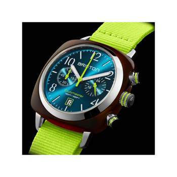 BRISTON CLUBMASTER CLASSIC SUMMER VIBES herenhorloge blauwe wijzerplaat gele nylon band