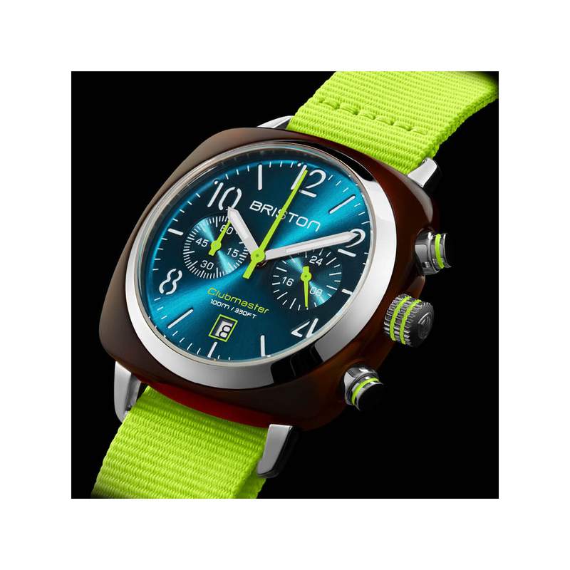 BRISTON herenhorloge CLUBMASTER CLASSIC SUMMER VIBES met blauwe wijzerplaat en gele nylon band - afbeelding 2