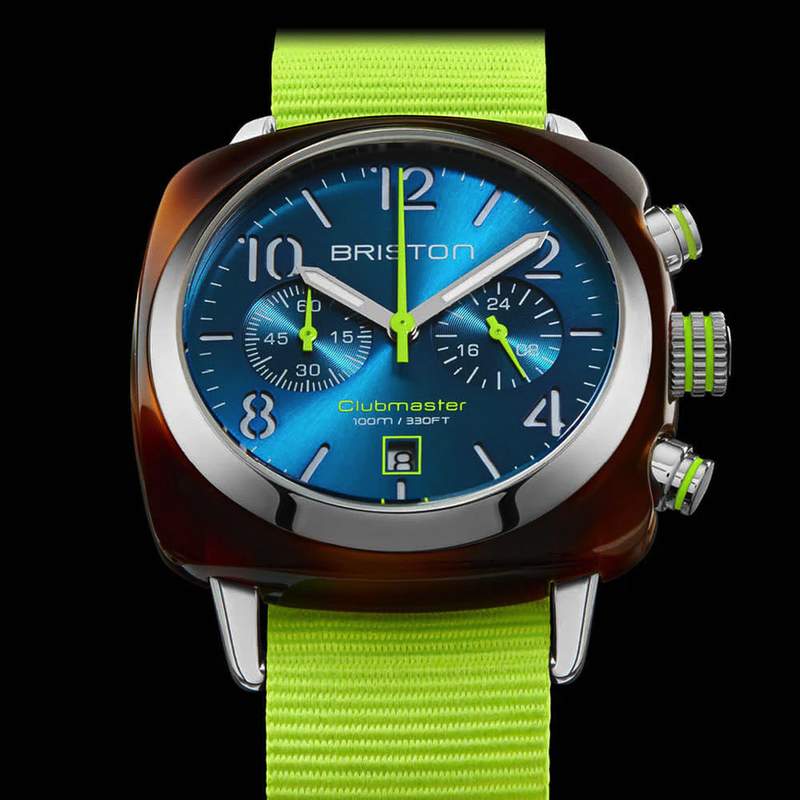 BRISTON herenhorloge CLUBMASTER CLASSIC SUMMER VIBES met blauwe wijzerplaat en gele nylon band - afbeelding D1