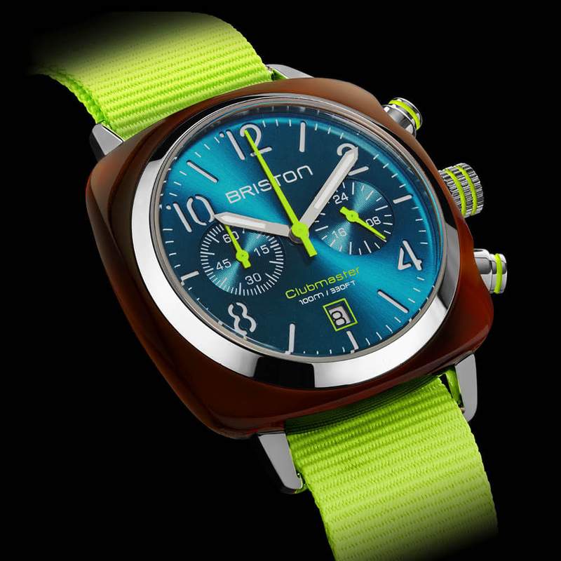 BRISTON herenhorloge CLUBMASTER CLASSIC SUMMER VIBES met blauwe wijzerplaat en gele nylon band - aanzicht D2