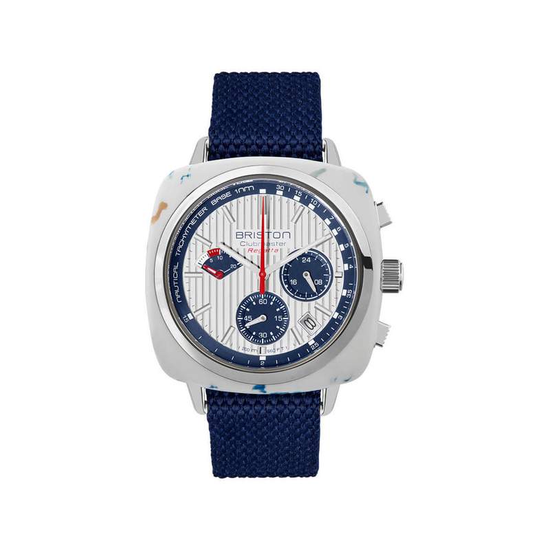 Montre BRISTON homme CLUBMASTER REGATTA cadran blanc bracelet plastique recyclé bleu marine - vue 1